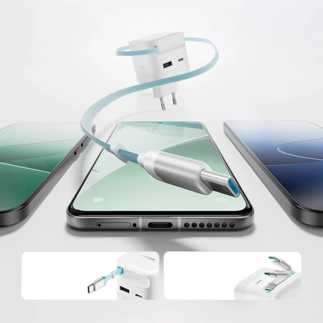 Мережевий зарядний пристрій Cuktech AD653W 67 W GaN 2x USB-C + USB-A зі згортаємим кабелем USB-C 70 см White (6977556351761)
