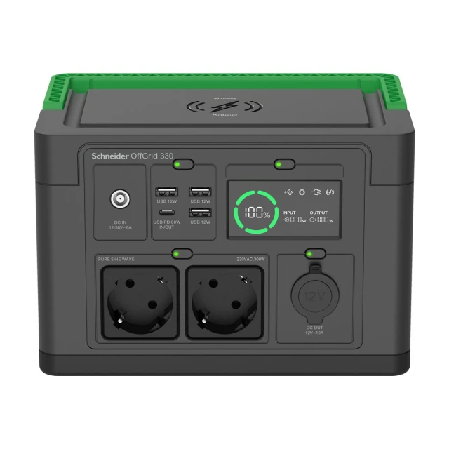 Портативна зарядна станція APC OffGrid PPS330-GR 332 Wh 230V LCD 2 розетки Schuko 3 USB-A 1 USB-C бездротова зарядка (731304736875)