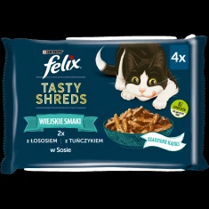Вологий корм для котів Purina Felix Tasty Shreds з лососем та тунцем у соусі 4 шт x 80 г (7613038644073)