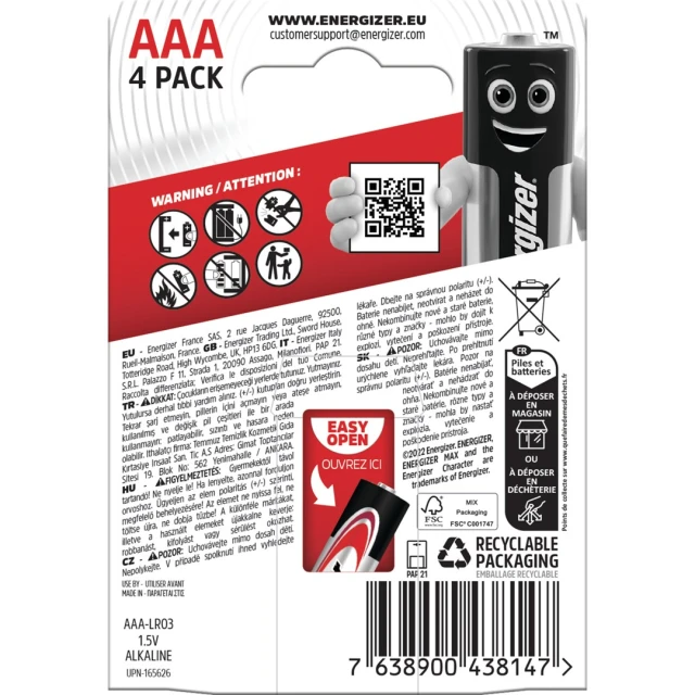 Батарейка Energizer Max Alkaline AAA LR03 4 шт (7638900438147)
