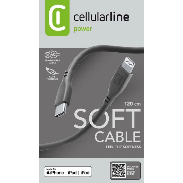 Кабель Cellularline Soft Cable USB-C to Lightning MFi 1.2 m Black (USBDATASOFTC2LMFIK)