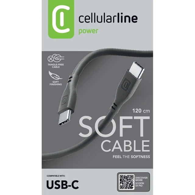 Кабель Cellularline Soft Cable USB-C to USB-C 1.2 m Black (USBDATASOFTC2CK)