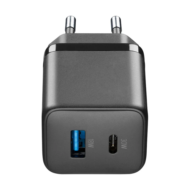 Зарядний пристрій Cellularline Multipower Micro GaN USB-C & USB-A Power Delivery 30W Black (ACHUSBGAN2PD30WK)