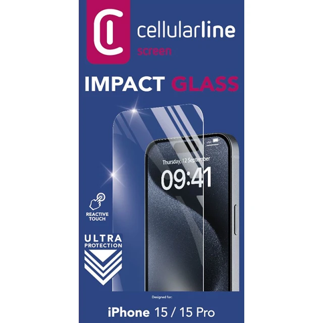 Захисне скло Cellularline Impact Glass для iPhone 15 / iPhone 15 Pro (TEMPGLASSIPH15)