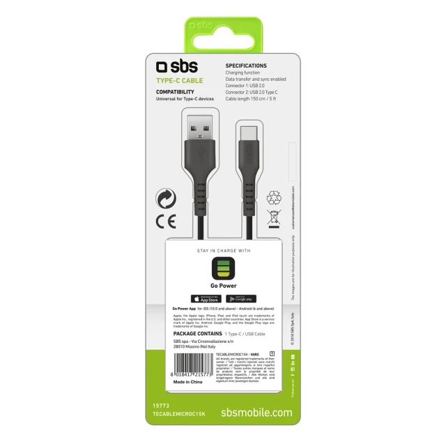 Кабель SBS USB-A - USB-C 1.5m Black (8018417215773)