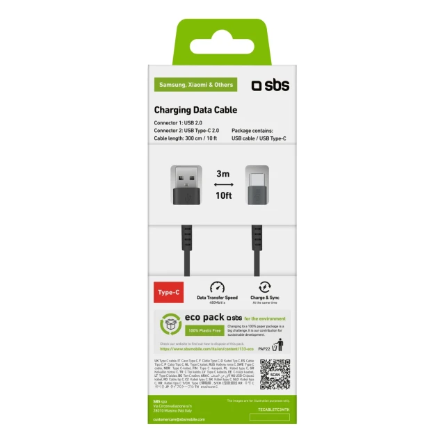 Кабель SBS TECABLETC3MTK USB-A - USB-C 3m Black (8018417257889)