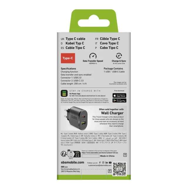 Кабель SBS USB-A - USB-C 2m Black (8018417258824)