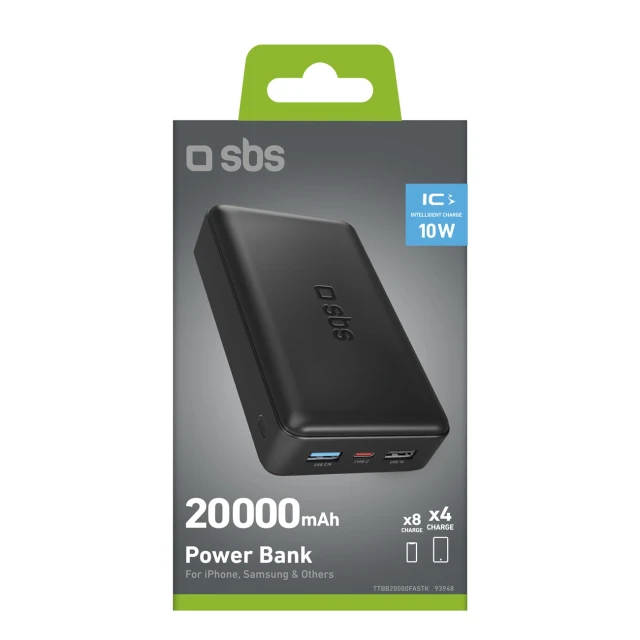 Павербанк SBS Puro Fast 20000 mAh 2x USB-A + 1x USB-C Black (8018417293948)