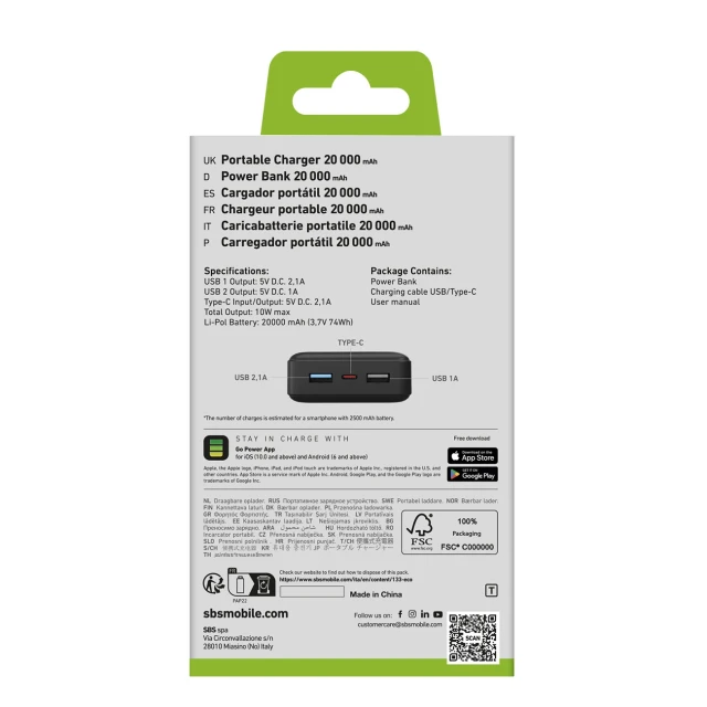 Павербанк SBS Puro Fast 20000 mAh 2x USB-A + 1x USB-C Black (8018417293948)