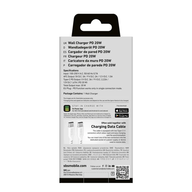 Мережевий зарядний пристрій SBS TETRPD20W 20W USB-A USB-C White (8018417324079)