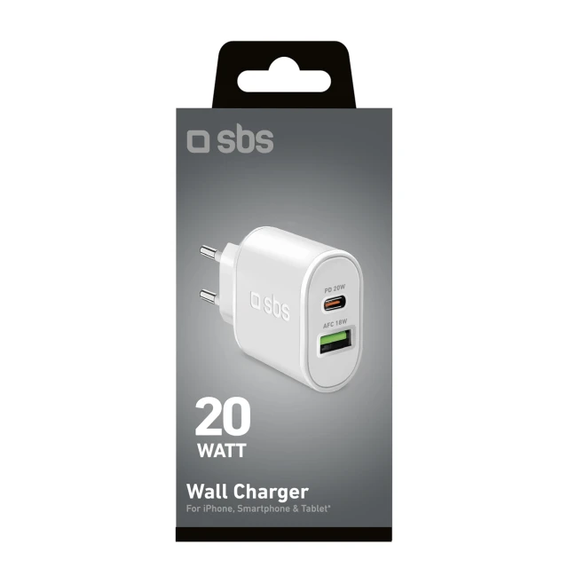 Мережевий зарядний пристрій SBS TETRPD20W 20W USB-A USB-C White (8018417324079)