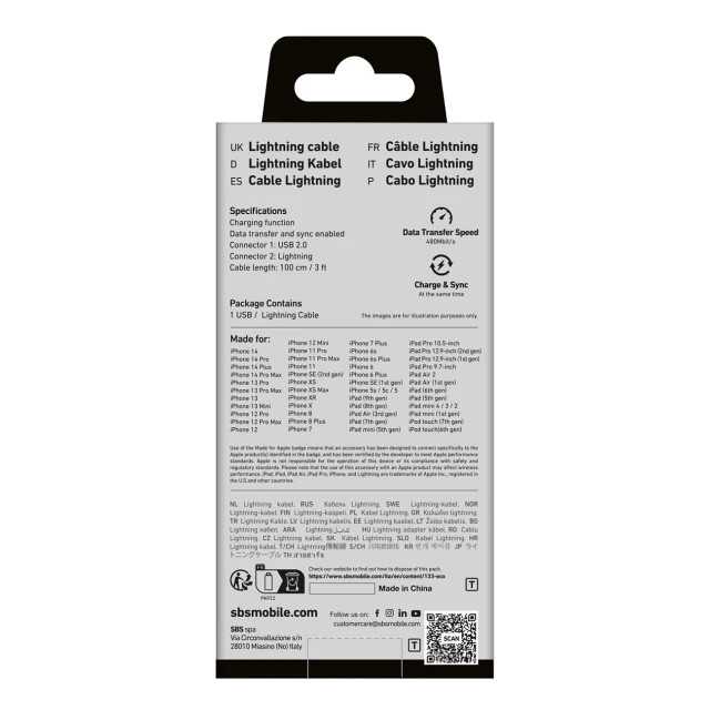 Кабель SBS TECABLEUSBIP589K USB-A - Lightning 1m з сертифікатом MFi Black (8018417327445)