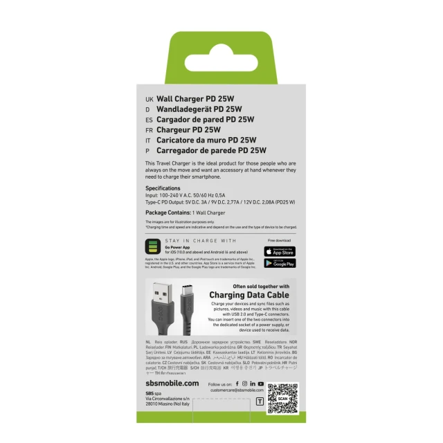 Зарядний пристрій SBS TETR1CPD25 25W USB-C з Power Delivery Black (8018417439377)