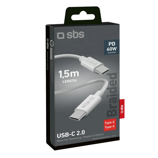 Кабель SBS TECABLETISSUETCCG USB-C - USB-C 1,5m 60W в оплетке Grey (8018417439704)