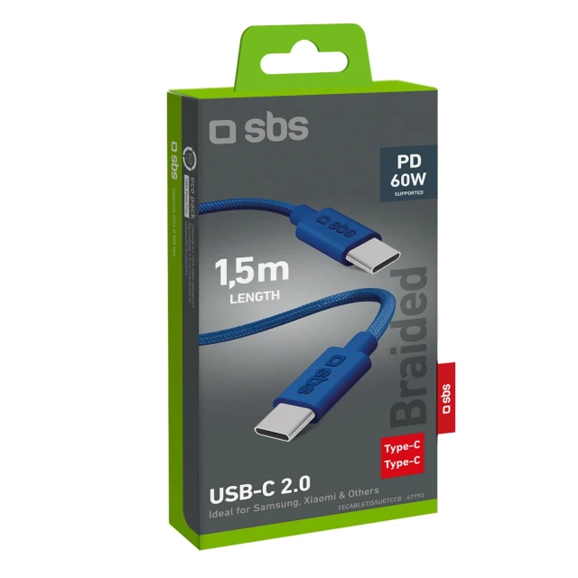 Кабель SBS USB-C - USB-C 1.5m 60W Blue (8018417447792)