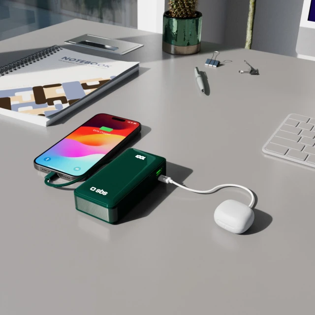 Powerbank SBS 10000 mAh 20W з вбудованим кабелем USB-C Green (8018417481383)