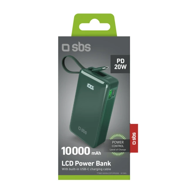 Powerbank SBS 10000 mAh 20W з вбудованим кабелем USB-C Green (8018417481383)