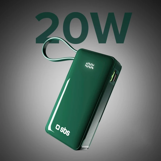 Powerbank SBS 10000 mAh 20W з вбудованим кабелем USB-C Green (8018417481383)