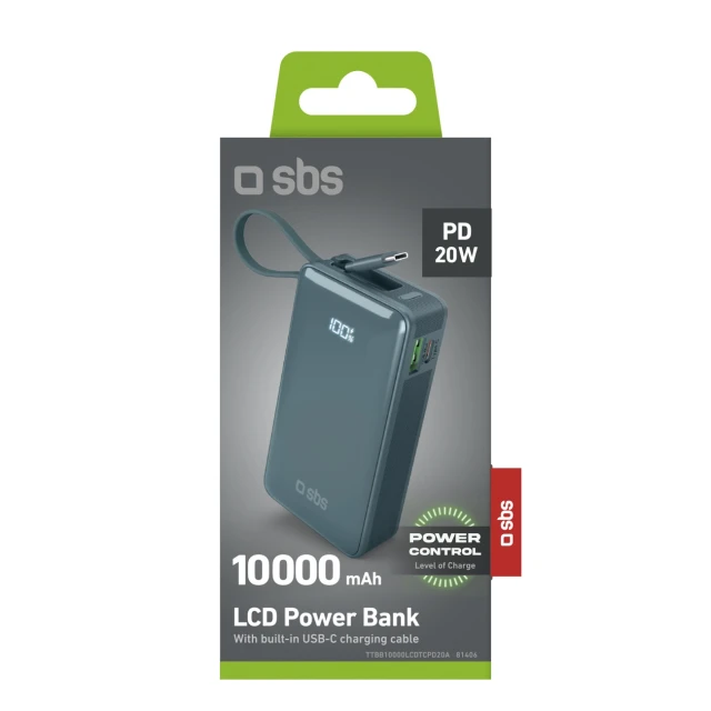 Powerbank SBS 10000 mAh 20W з вбудованим кабелем USB-C та цифровим дисплеєм Grey (8018417481406)