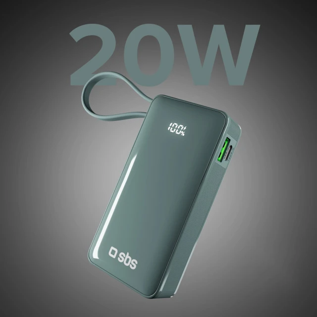 Powerbank SBS 10000 mAh 20W з вбудованим кабелем USB-C та цифровим дисплеєм Grey (8018417481406)