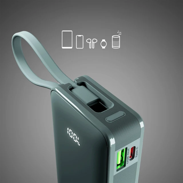 Powerbank SBS 10000 mAh 20W з вбудованим кабелем USB-C та цифровим дисплеєм Grey (8018417481406)