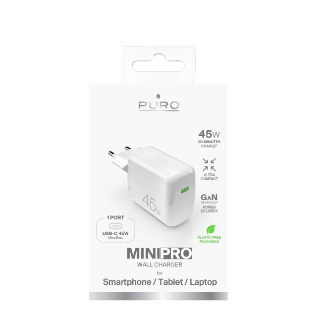 Зарядний пристрій Puro Super Mini 45W PD GaN USB-C White (8018417488030)