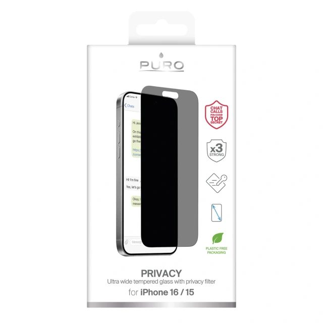 Захисне скло Puro Privacy Tempered Glass для iPhone 16 / iPhone 15 (8018417490088)