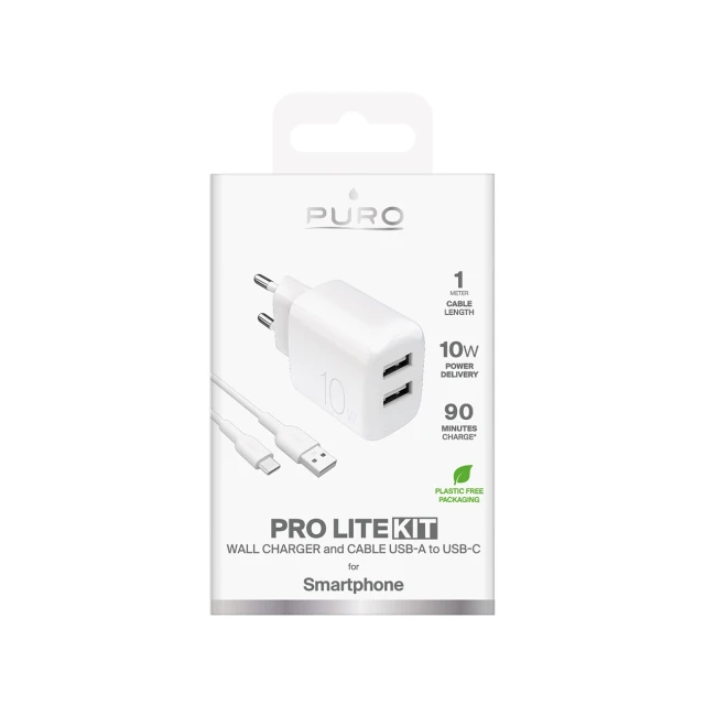 Зарядний пристрій Puro PROLITE 10W 2x USB-A + кабель USB-A - USB-C 1.2m White (8018417498640)