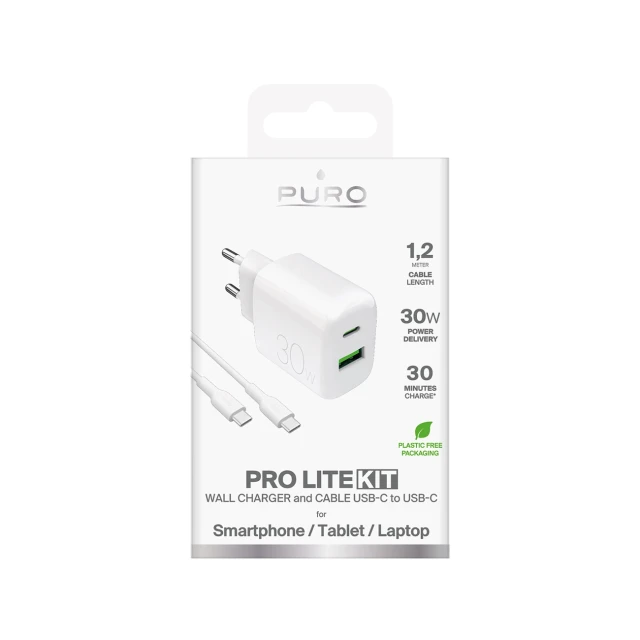 Зарядний пристрій Puro PROLITE 30W USB-A/USB-C + кабель USB-C 1.2m White (8018417498671)