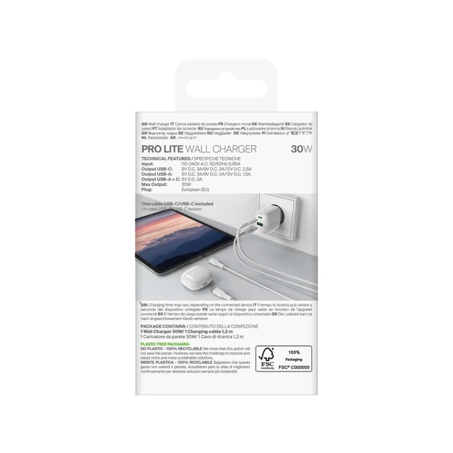 Зарядний пристрій Puro PROLITE 30W USB-A/USB-C + кабель USB-C 1.2m White (8018417498671)