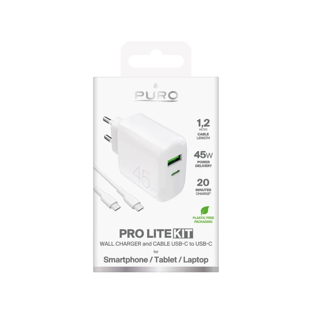 Зарядний пристрій Puro Daily Prolite 45W USB-C USB-A Power Delivery з кабелем USB-C White (8018417498688)
