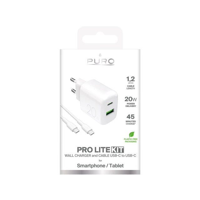 Зарядний пристрій Puro PROLITE 20W USB-A/USB-C + кабель USB-C 1.2m White (8018417500039)