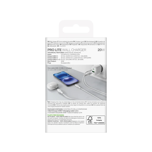 Зарядний пристрій Puro PROLITE 20W USB-A/USB-C + кабель USB-C 1.2m White (8018417500039)