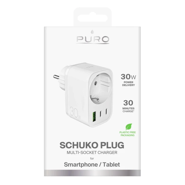 Зарядний пристрій Puro 30W Power Delivery з вилкою і розеткою Schuko 2x USB-C + 1x USB-A White (8018417500282)