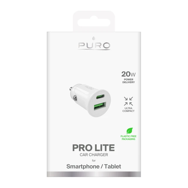 Автомобільний зарядний пристрій Puro Pro Lite 1x USB-A + 1x USB-C Power Delivery 20W White (8018417500305)