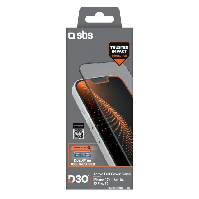 Захисне скло SBS D3O для iPhone 17e | 16e | 14 | 13 Pro | 13 з аплікатором (8018417515828)