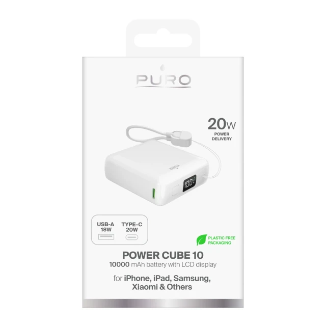 Powerbank Puro 10000mAh 20W USB-C USB-A з дисплеєм та вбудованим кабелем USB-C White (8018417528682)