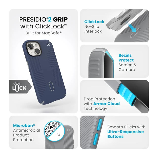 Чохол Speck Presidio2 Grip ClickLock для iPhone 15 | 14 | 13 Coastal Blue Dust Grey with MagSafe (150439-3206)
