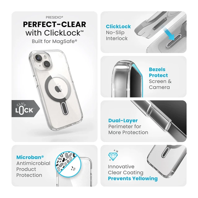 Чохол Speck Presidio Perfect-Clear ClickLock для iPhone 15 | 14 | 13 Clear Chrome with MagSafe (150441-3199)