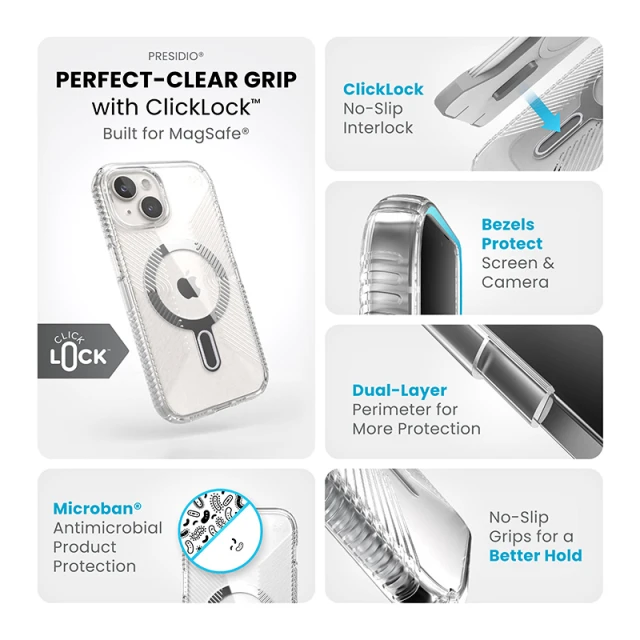 Чохол Speck Presidio Perfect-Clear Grip ClickLock для iPhone 15 | 14 | 13 Clear Chrome with MagSafe (150443-3199)