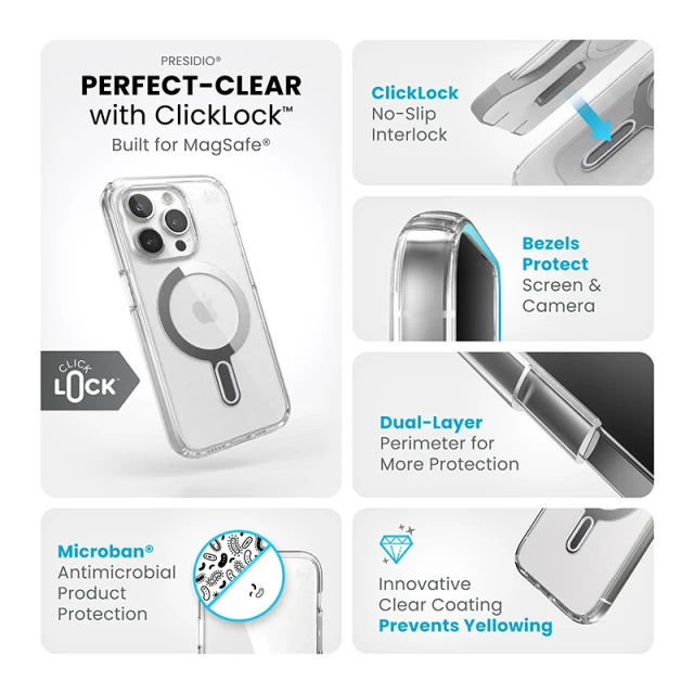 Чохол Speck Presidio Perfect-Clear ClickLock для iPhone 15 Pro Clear Chrome with MagSafe (150449-3199)