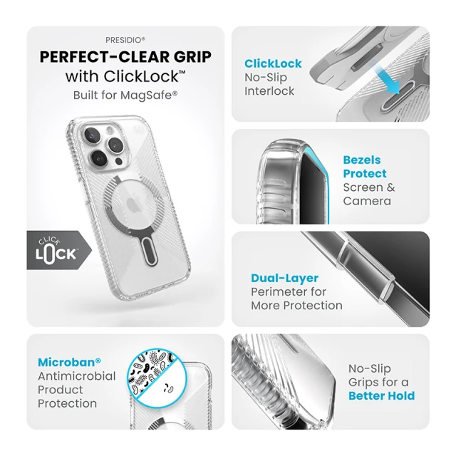 Чохол Speck Presidio Perfect-Clear Grip ClickLock для iPhone 15 Pro Clear Chrome with MagSafe (150451-3199)