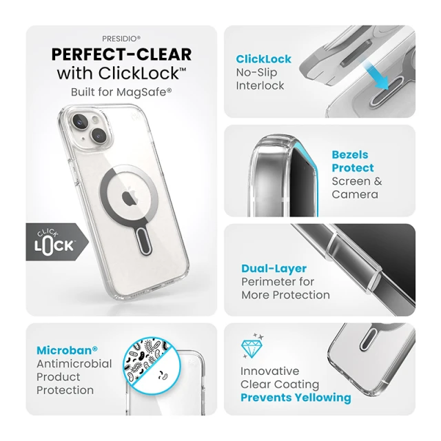 Чохол Speck Presidio Perfect-Clear ClickLock для iPhone 15 Plus | 14 Plus Clear Chrome with MagSafe (150457-3199)