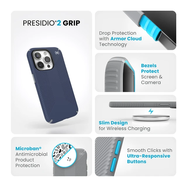 Чохол Speck Presidio2 Grip для iPhone 15 Pro Coastal Blue Dust Grey (150477-3206)