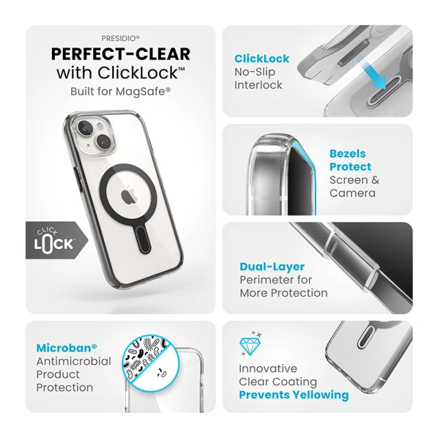 Чохол Speck Presidio Perfect-Clear ClickLock для iPhone 15 | 14 | 13 Clear Black with MagSafe (150441-3233)
