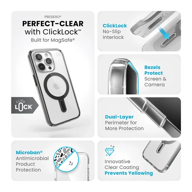 Чохол Speck Presidio Perfect-Clear ClickLock для iPhone 15 Pro Clear Black with MagSafe (150449-3233)
