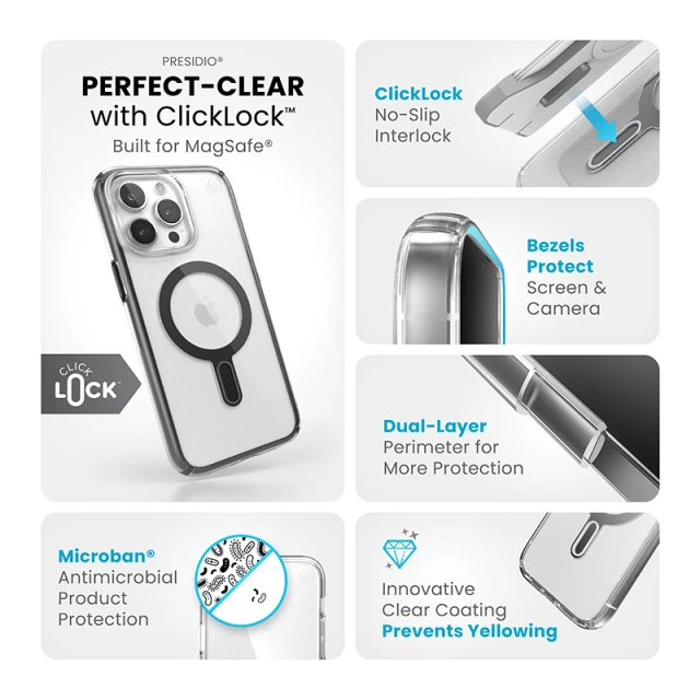 Чохол Speck Presidio Perfect-Clear ClickLock для iPhone 15 Pro Max Clear Chrome with MagSafe (150465-3233)
