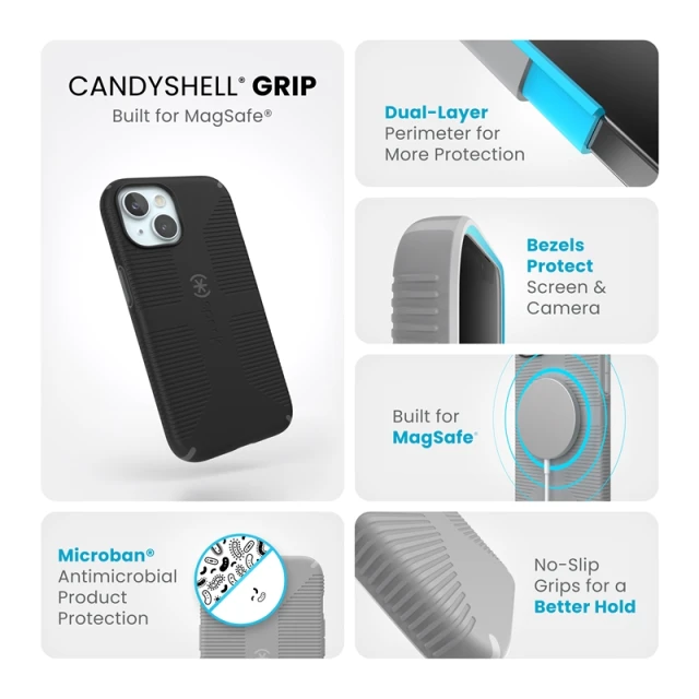 Чехол Speck Candyshell Grip для iPhone 17e / 16e / 15 / 14 / 13 Black/Slate Grey with MagSafe (150490-B565)
