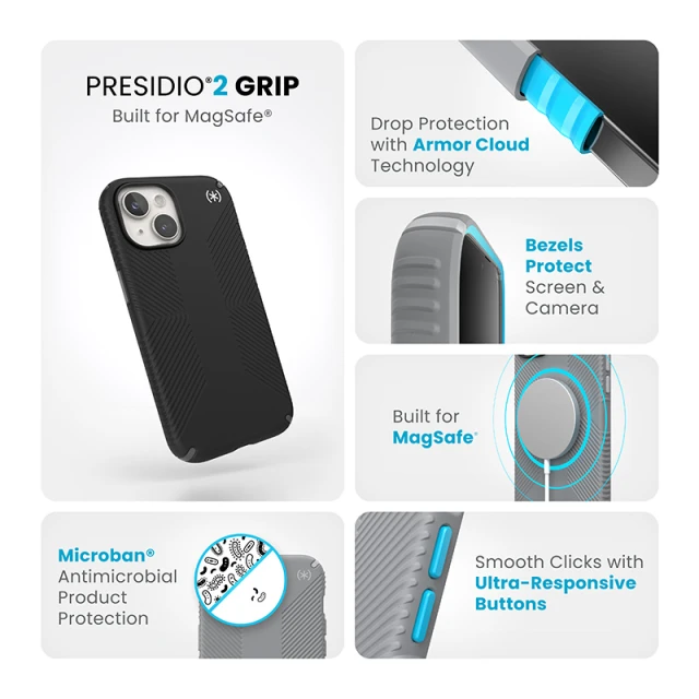 Чехол Speck Presidio2 Grip для iPhone 15 | 14 | 13 Black/Slate Grey with MagSafe (150557-3205)