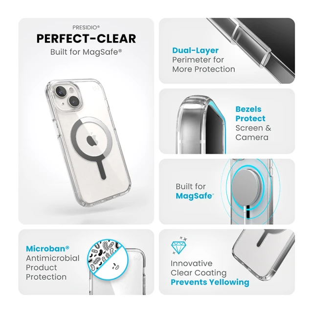 Чохол Speck Presidio Perfect-Clear для iPhone 15 | 14 | 13 Clear Chrome with MagSafe (150553-3240)